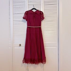 Self-Portrait Burgundy Lace Trim Pleated Midi Dress